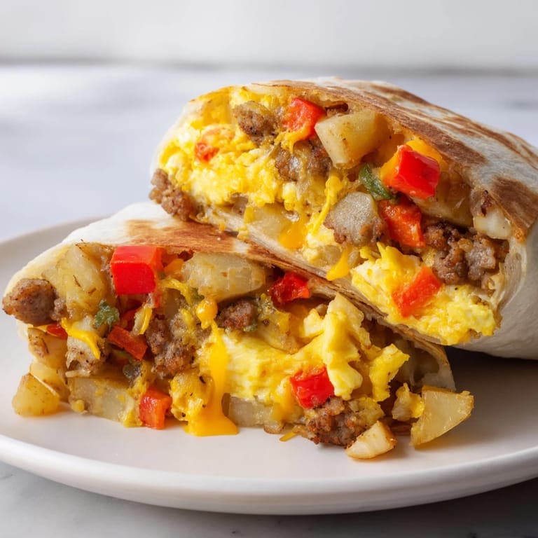 Golden, crispy breakfast burrito, featuring scrambled eggs, potatoes and cheese, a delicious morning meal.