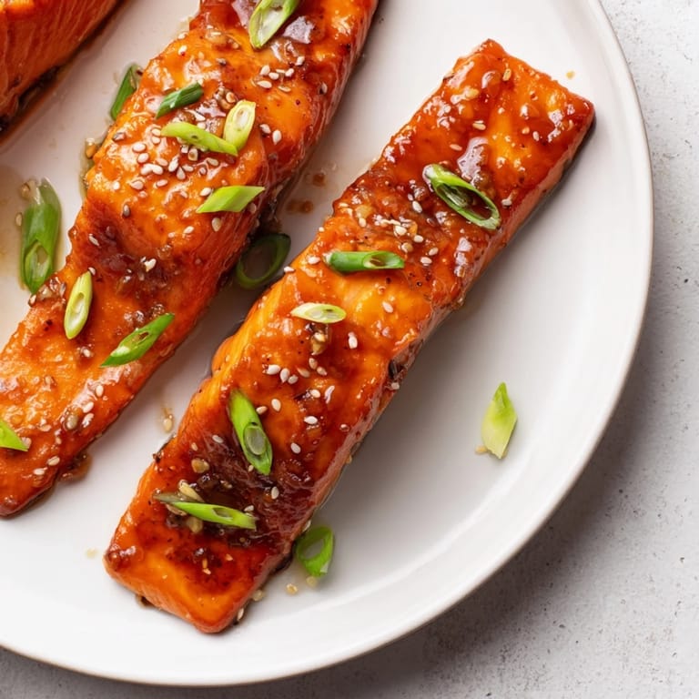 Plated Honey Garlic Salmon, showcasing flaky fish beside vibrant green vegetables, ready to eat.