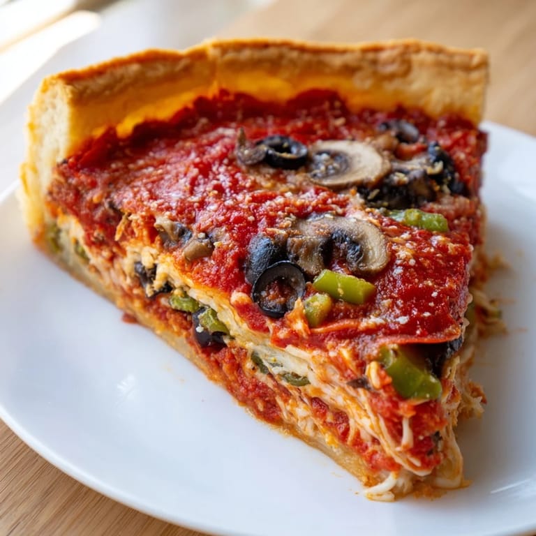 The satisfying sight of a fully-loaded, cheesy deep dish pizza, fresh from the oven.