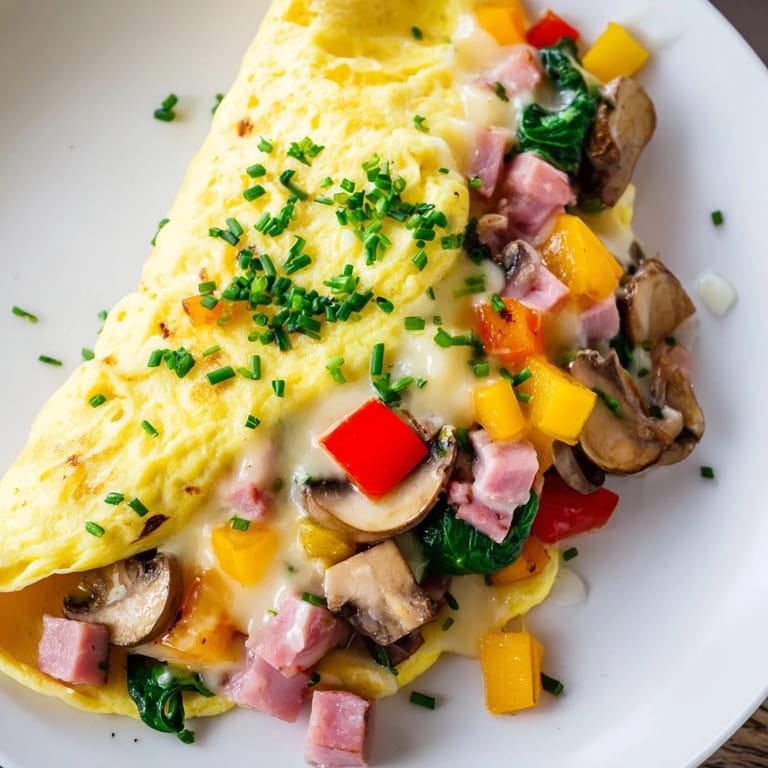 A perfectly cooked Omelet with Cheese, fluffy and filled, showing enticing, melted, rich cheese inside.