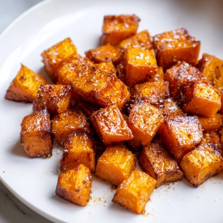 Warm, tender cubes of oven-roasted sweet potatoes, a simple and flavorful side to complete any meal.