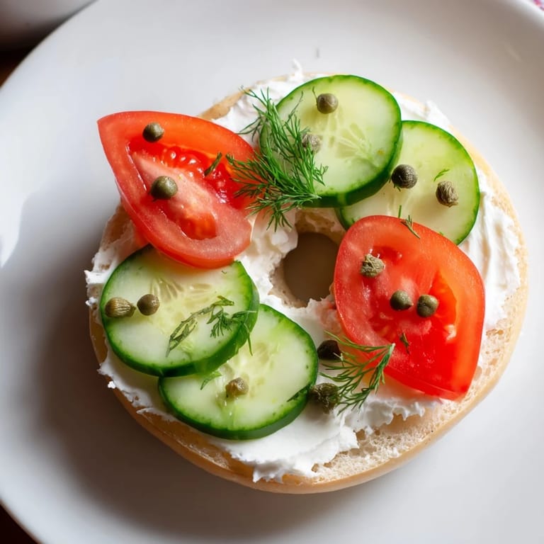 Freshly toasted bagel with cream cheese and sliced cucumbers, a quick and delicious American breakfast.