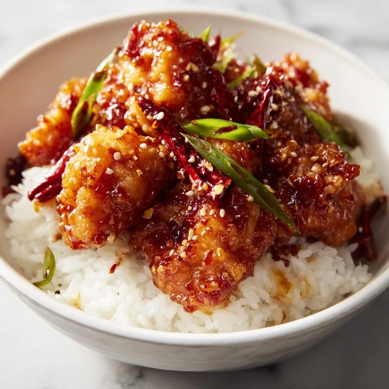 Crispy fried General Tso's Chicken glistening with sweet and spicy sauce, ready to be eaten.