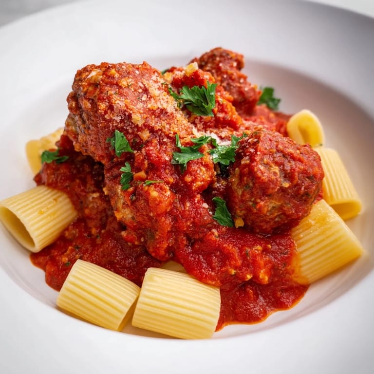 Close-up shot of oven-baked turkey meatballs, glistening with herbs, beside a simmering sauce.