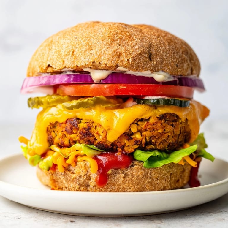 Juicy veggie burger on a whole wheat bun, layered with fresh tomato and crisp lettuce for serving.
