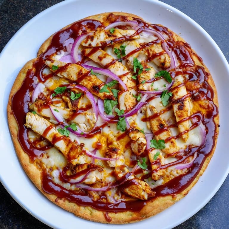 Savor the aroma: freshly baked chicken BBQ pizza with tangy barbecue, red onions, delicious cheese, ready to eat.