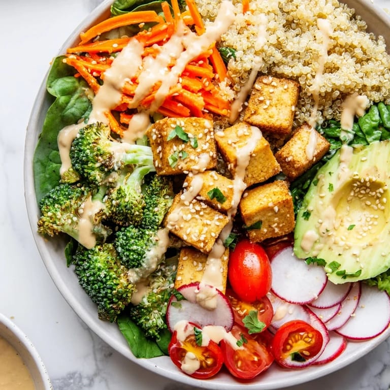 Steaming broccoli and sliced avocado adorn this fresh Buddha bowl, drizzled with creamy tahini dressing.