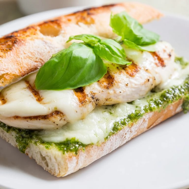 A close-up look at the toasted ciabatta roll filled with juicy chicken, basil pesto, and melted cheese in a Pesto Chicken Melt.