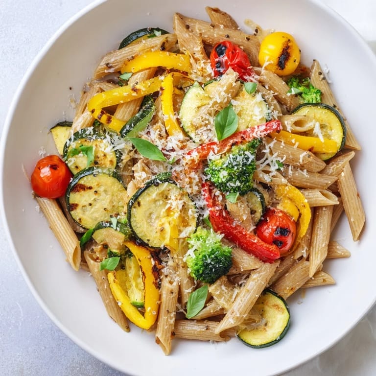 Vibrant pasta primavera with zucchini, bell peppers, and broccoli in a light olive oil sauce, finished with herbs and cheese.