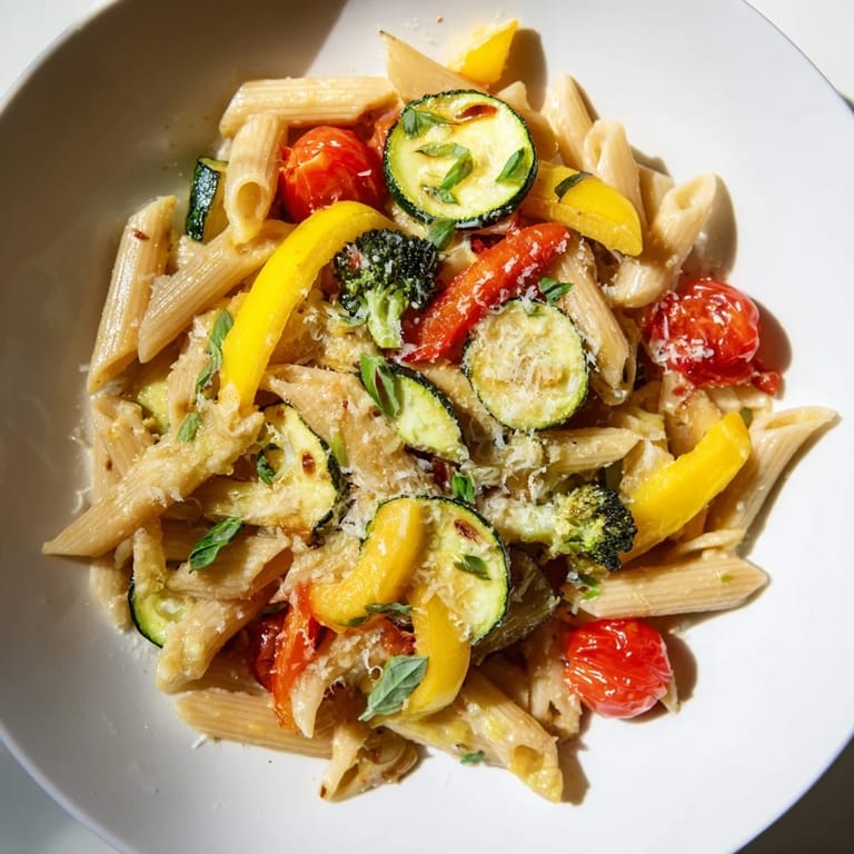 A warm skillet of pasta primavera with roasted seasonal veggies, al dente penne, and savory Parmesan, ready to serve.
