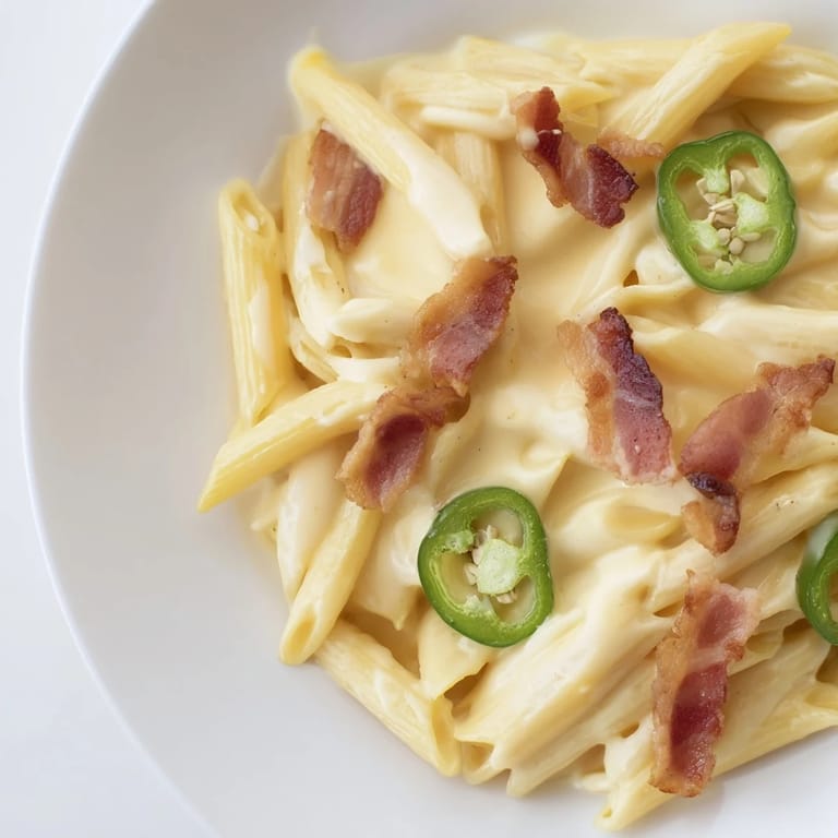Hearty bowl of Jalapeño Popper Pasta with penne coated in a rich, spicy cheese sauce.
