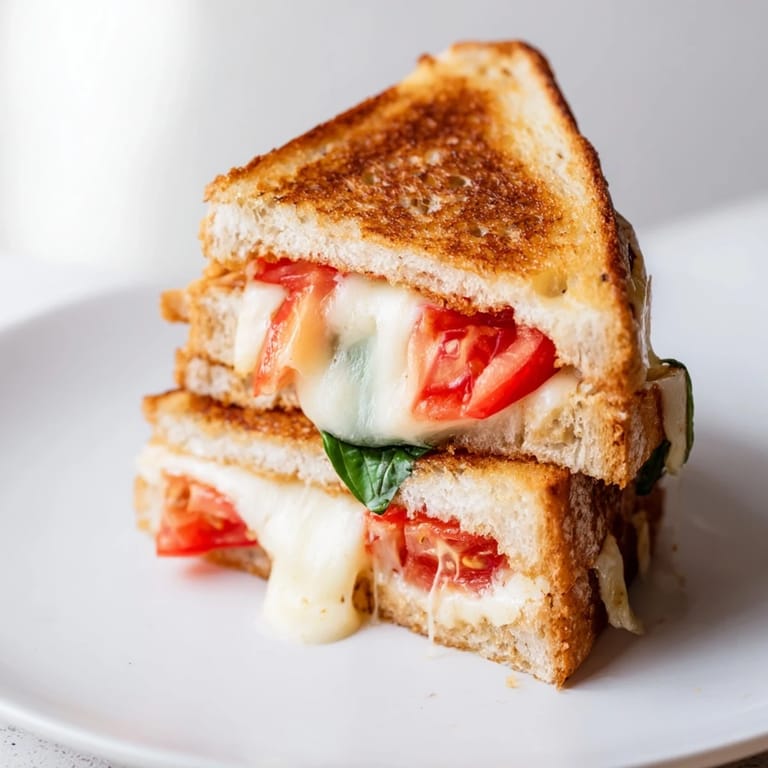 Sizzling Tomato Basil Grilled Cheese in a skillet, featuring ripe tomato slices and buttery toasted bread edges.