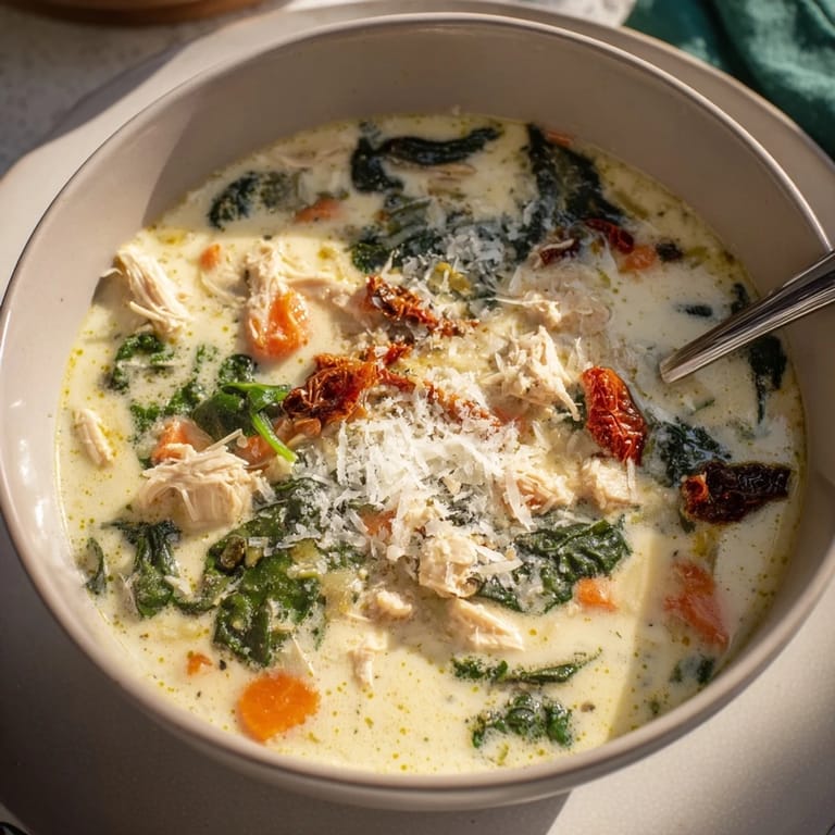 Hearty Italian-style Creamy Tuscan Chicken Soup featuring tender chicken, spinach, and sun-dried tomatoes in a rich, savory creamy broth.