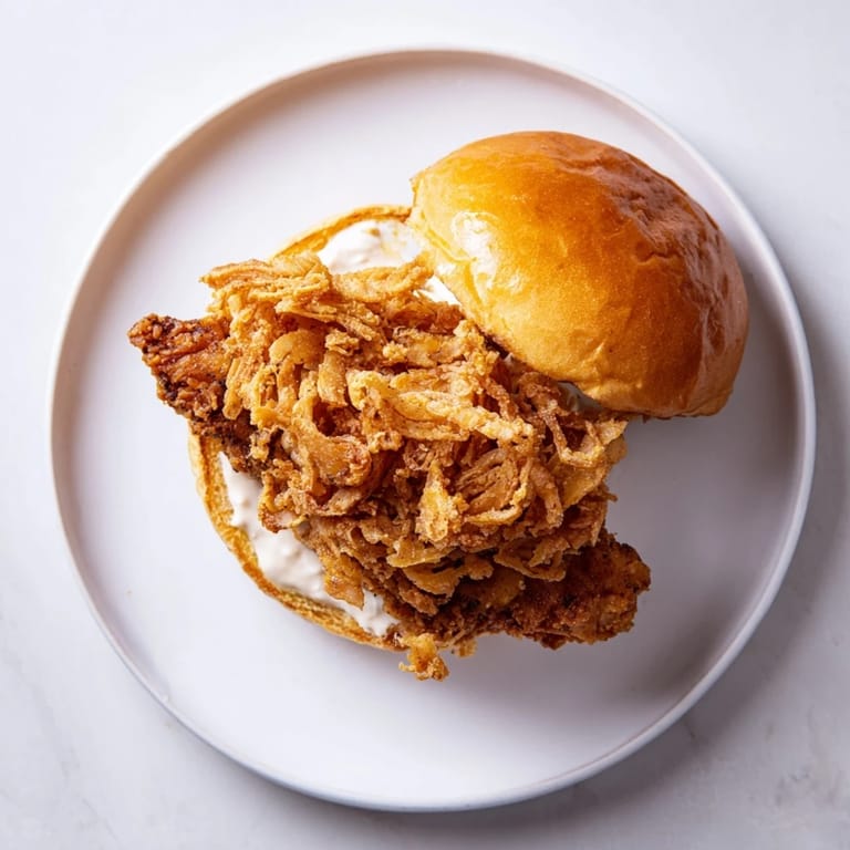 Juicy buttermilk-marinated fried chicken stacked on a soft bun with crunchy fried onions.