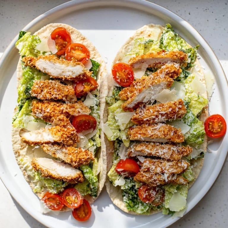 Tender, panko-crusted herbed chicken Caesar pitas stuffed with romaine and Parmesan on a marble countertop, ready to serve.
