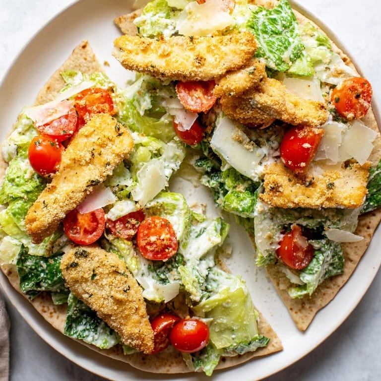 A close-up of golden-brown herbed chicken Caesar pitas, showcasing melted Parmesan and crisp lettuce spilling from warm pita pockets.