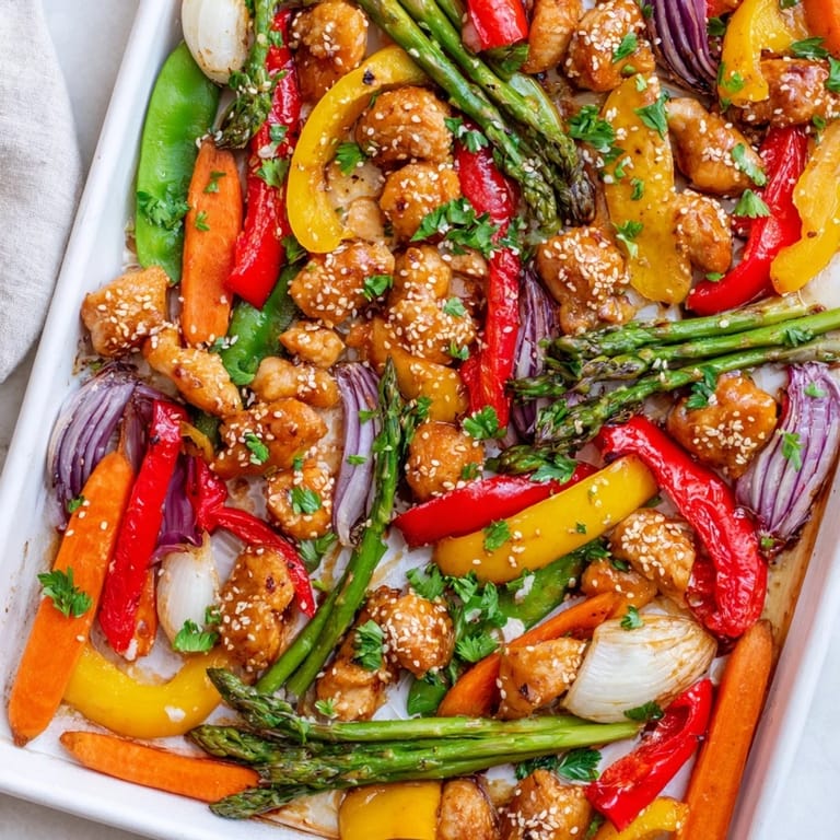 Tender sheet pan honey garlic chicken with crisp asparagus and bell peppers, served over steamed rice for an easy, colorful weeknight dinner.  