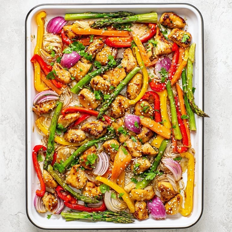 Juicy, caramelized sheet pan honey garlic chicken and vibrant vegetables, finished with toasted sesame seeds and herbs for a quick family meal.