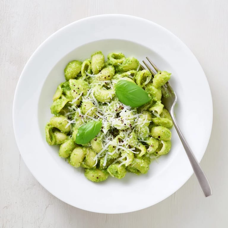 Close-up of creamy avocado pesto mac, highlighting the smooth avocado sauce coating every tender piece of golden pasta.