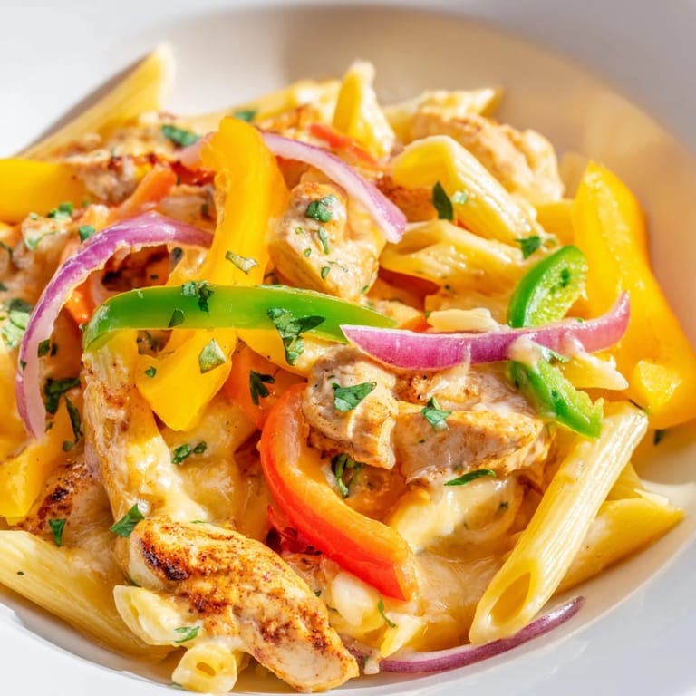 Hearty Fajita Chicken Pasta Skillet served hot, featuring tender spiced chicken, colorful peppers, and creamy cheesy pasta in a sizzling skillet.