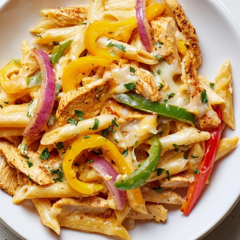 Steam rises from a skillet of Fajita Chicken Pasta, blending Tex-Mex spices with creamy sauce and crisp vegetables for a satisfying meal.