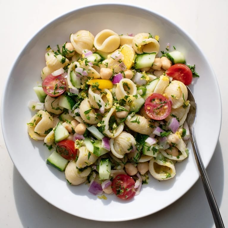 A close-up of a vibrant Lemon Herb Chickpea Pasta Salad garnished with crumbled feta, kalamata olives, and fresh mint.