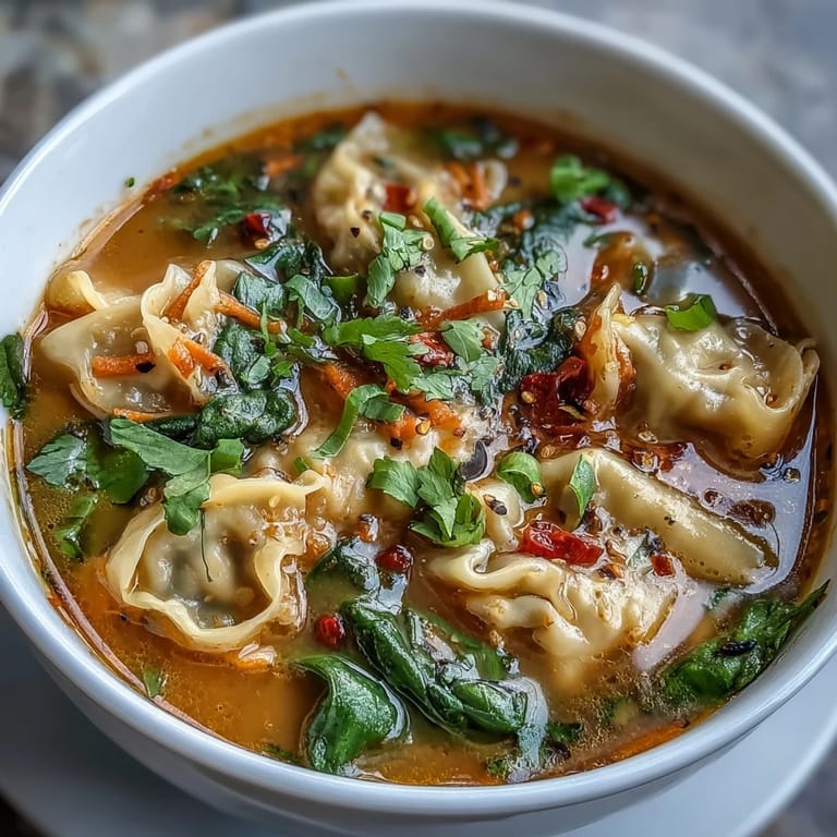 Comforting Red Curry Wonton Soup with wilted spinach and shredded carrots, ideal for a quick 25-minute weeknight dinner.