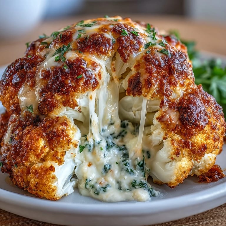 Sliced wedge of Cheesy Stuffed Cauliflower Head revealing its rich, cheesy center, perfect for a gluten-free vegetarian dinner.