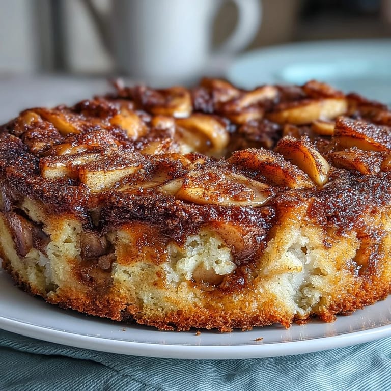 Freshly baked Baked Apple Cake sits in a rustic dish, its cinnamon-sugar topping glistening in the morning light.