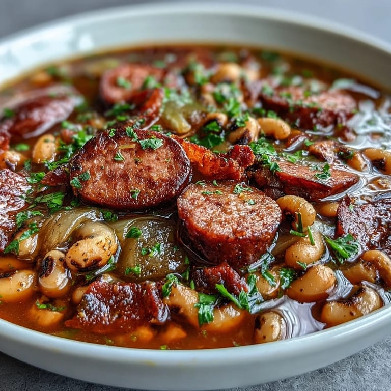 Hearty Southern-Style Black-Eyed Peas with andouille sausage and sautéed onions, ready to be enjoyed with a dash of hot sauce.