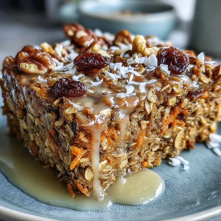 Golden-brown Carrot Cake Baked Oatmeal with chopped walnuts and shredded carrots in a white baking dish.