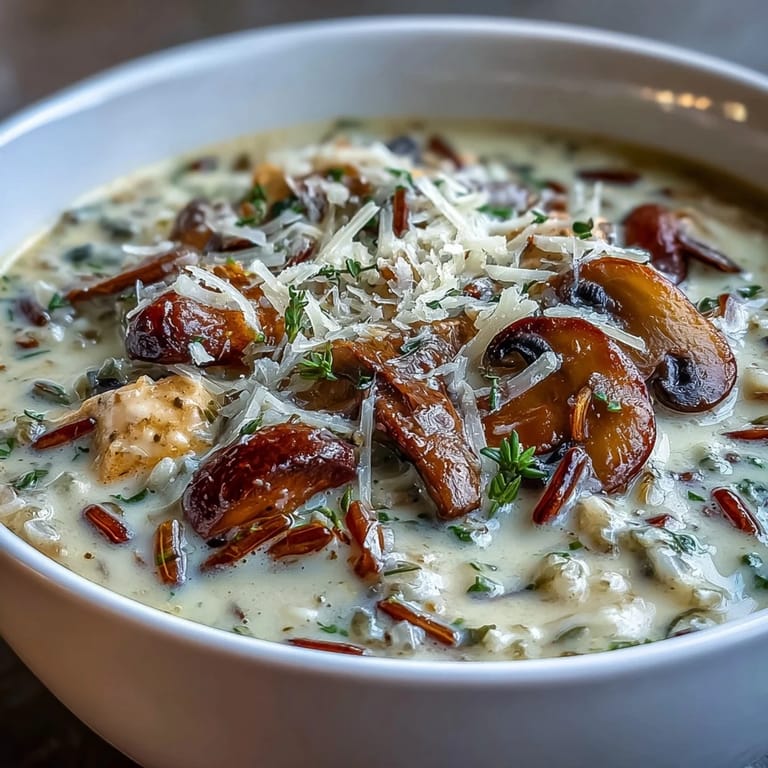 Warm, comforting Parmesan Mushroom Chicken and Wild Rice Soup ladled from a Dutch oven with visible mushrooms.