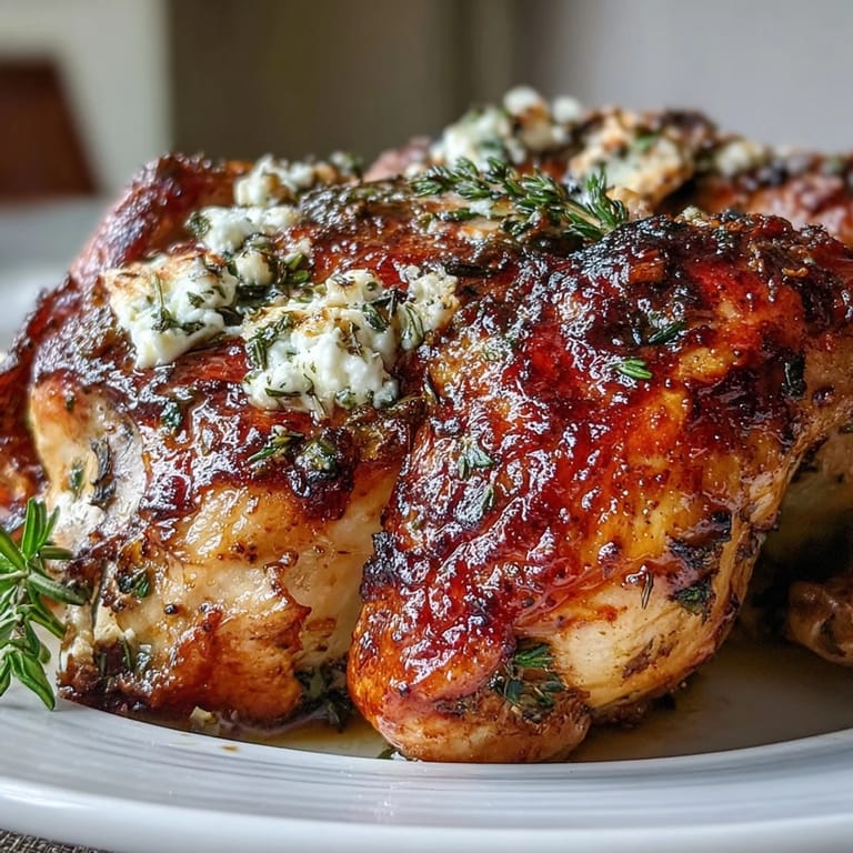 Juicy roasted chicken with pot potatoes roasts alongside lemon and herbs, with feta and extra lemon wedges for serving on the table.