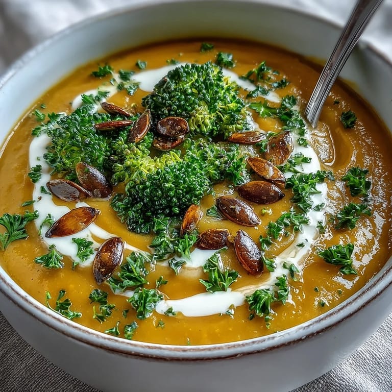 A comforting bowl of Roasted Broccoli and Butternut Squash Soup topped with pumpkin seeds.