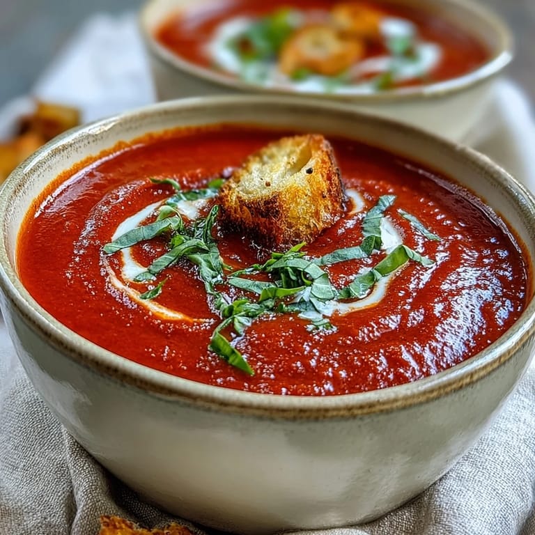 Homemade Roasted Tomato Basil Soup simmering in a pot, featuring oven-roasted tomatoes, garlic, and vegetable broth for a comforting meal.