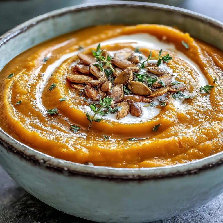 Close-up of creamy Butternut Squash and Apple Soup garnished with toasted pumpkin seeds, ready to enjoy on a cozy autumn table.