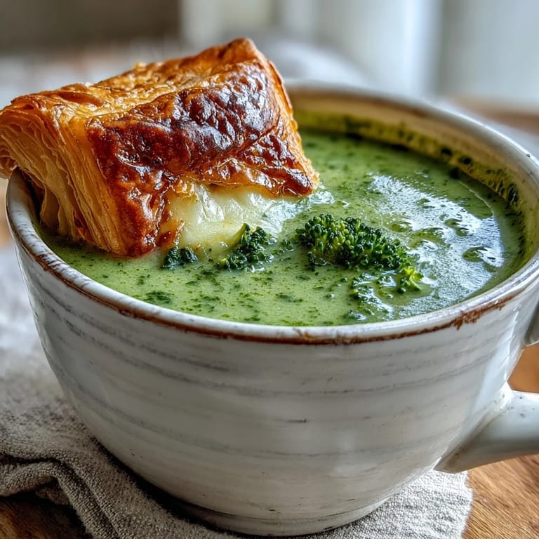 A bowl of creamy broccoli and butternut squash soup paired with a warm, golden-brown cheese pastry for dipping.