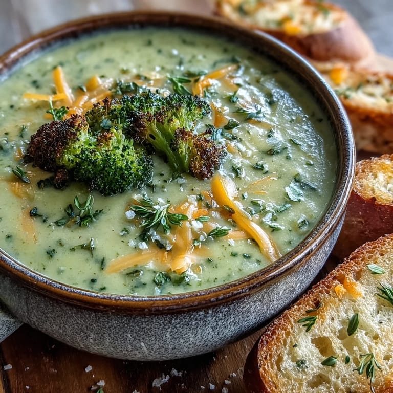This roasted broccoli cheddar soup features tender carrots and sharp cheese, with a velvety texture perfect for a comforting dinner.