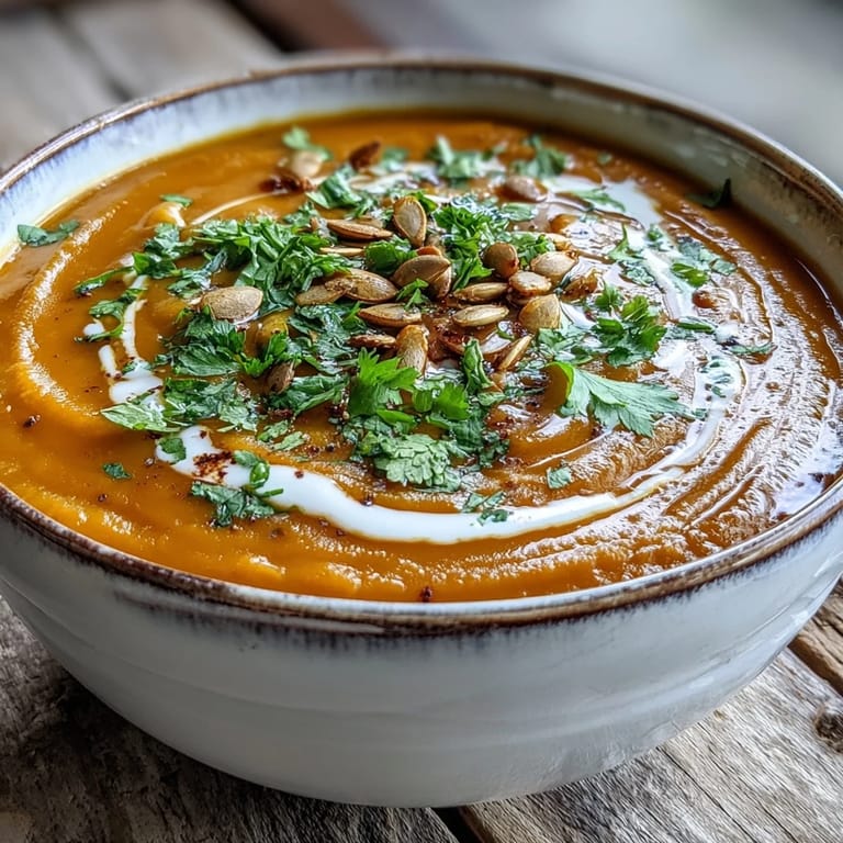 Vibrant orange Butternut Squash and Lentil Soup paired with crusty bread and plant-based yogurt on the side.