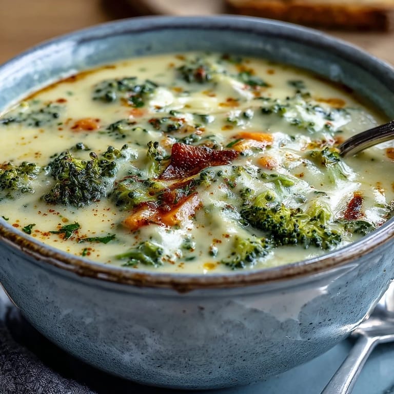 A pot of simmering Broccoli Cheddar Soup with bright orange carrots and chopped broccoli, ready to serve with crusty bread.