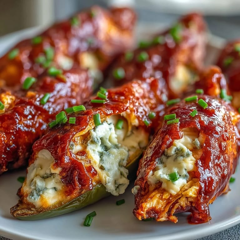 Freshly baked Buffalo Wing Poppers topped with blue cheese crumbles and vibrant green chives.