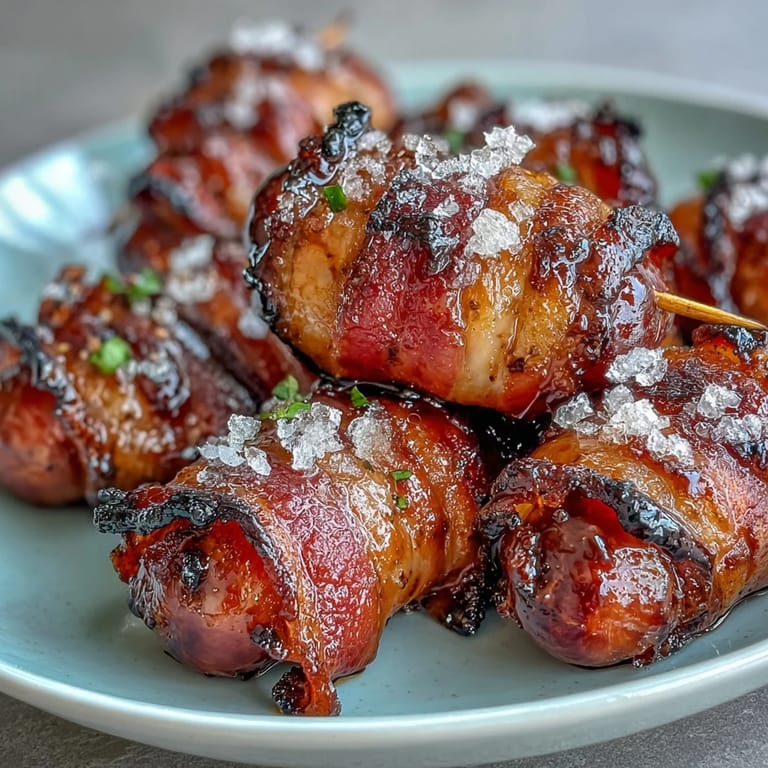 Freshly baked Bacon-Wrapped Smokies served warm on a rustic wooden board, perfect for a crowd-pleasing party snack.