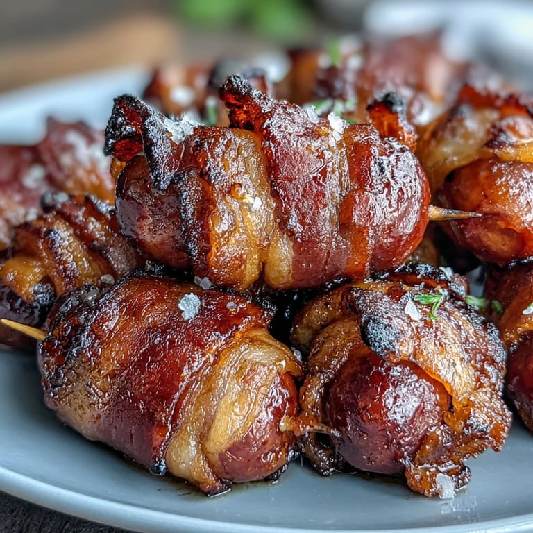 Close-up of sizzling Bacon-Wrapped Smokies with crispy bacon edges and a toothpick, ideal for a game day appetizer spread.