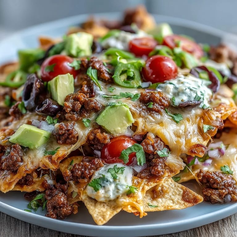 Crispy tortilla chips layered with savory beef, gooey Monterey Jack cheese, and diced avocado for a crave-worthy game day snack.