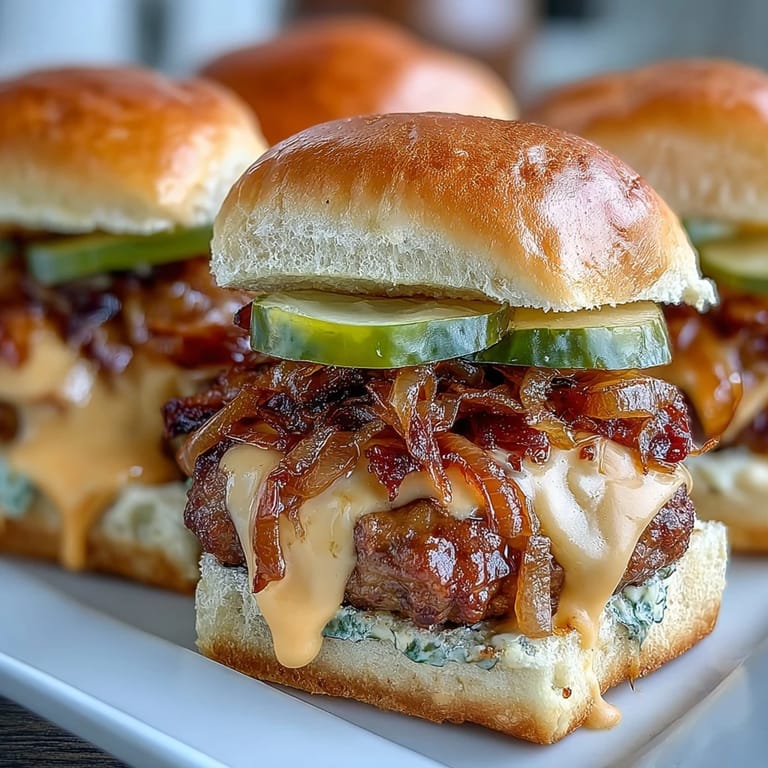 Freshly baked Touchdown Brat Sliders feature juicy brat patties with tangy beer cheese and crisp pickles on a sesame bun.