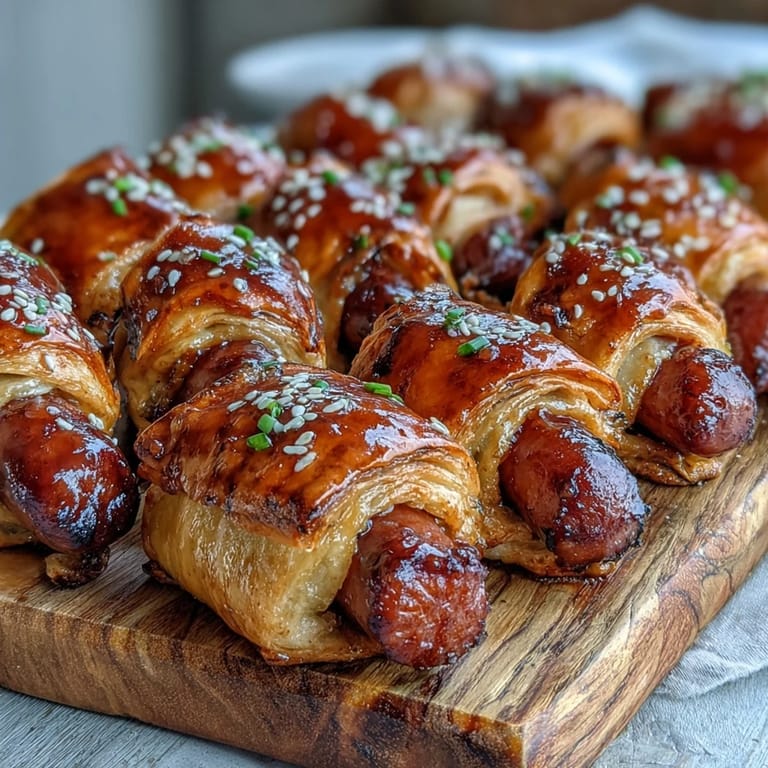 Appetizer platter of Pepper Jelly Hogs in a Blanket, perfect for parties, served with a dipping bowl of red pepper jelly.