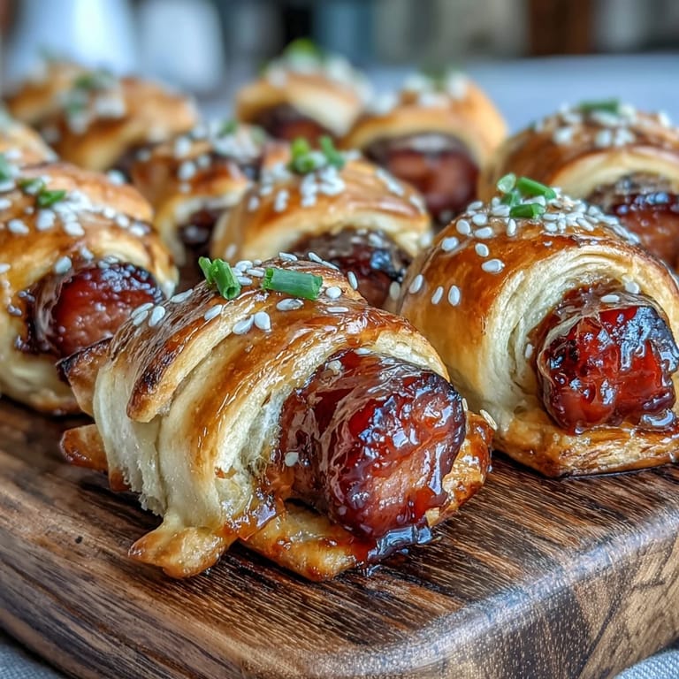 Freshly baked Pepper Jelly Hogs in a Blanket with flaky puff pastry and a sweet spicy glaze on a baking sheet.