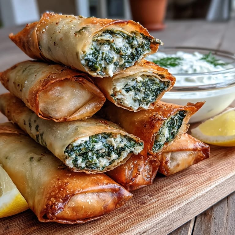 Freshly baked Spanakopita Spring rolls sit beside a bowl of green tzatziki sauce, ready to be dipped.