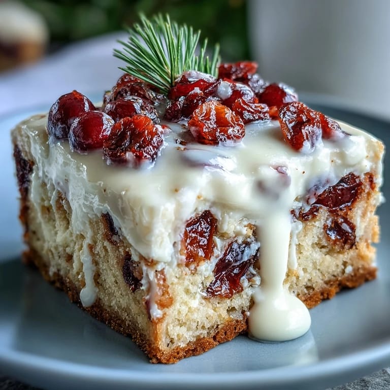 Glazed Cranberry Bliss Bars showcasing a crumbly base studded with cranberries and white chips under a zesty cream cheese layer.