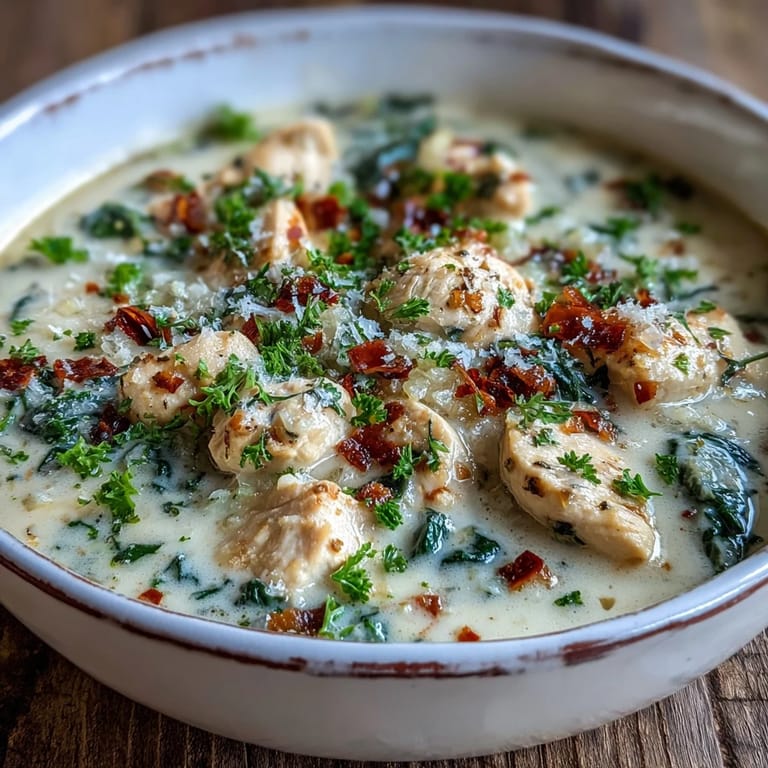 Hearty bowl of Garlic Parmesan Chicken Soup, ladle serving the velvety broth over spinach, paired with a side of crusty bread.